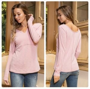 Pink Long-Sleeved Slub Knit Casual Top